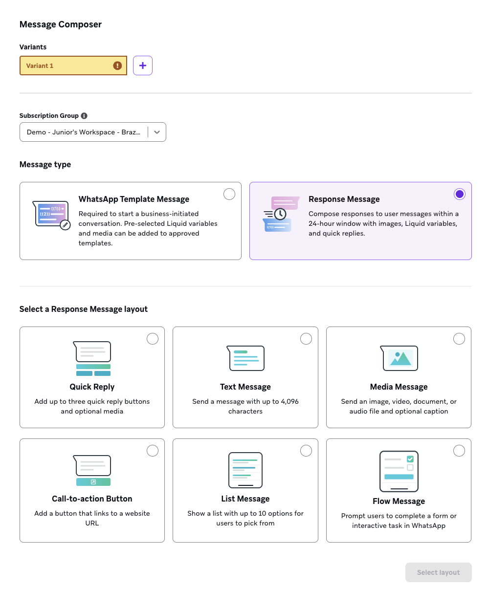 Criador de mensagens com opções para selecionar o tipo de mensagem e o layout da mensagem.