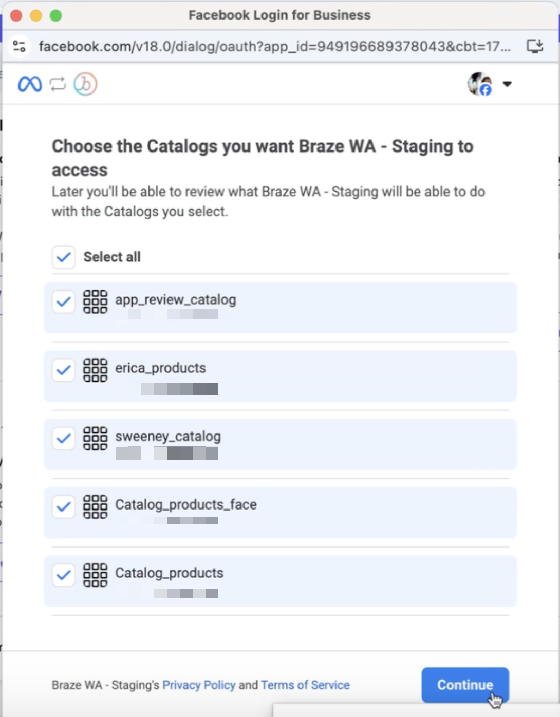 Janela com cinco catálogos selecionados para fornecer permissões.