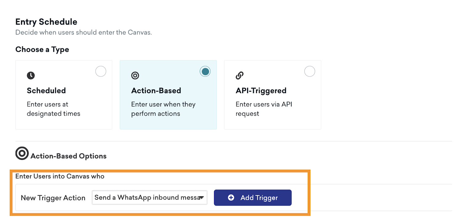 Etapa de entrada do Canva baseada em ação que entra nos usuários que enviam uma mensagem de entrada do WhatsApp.