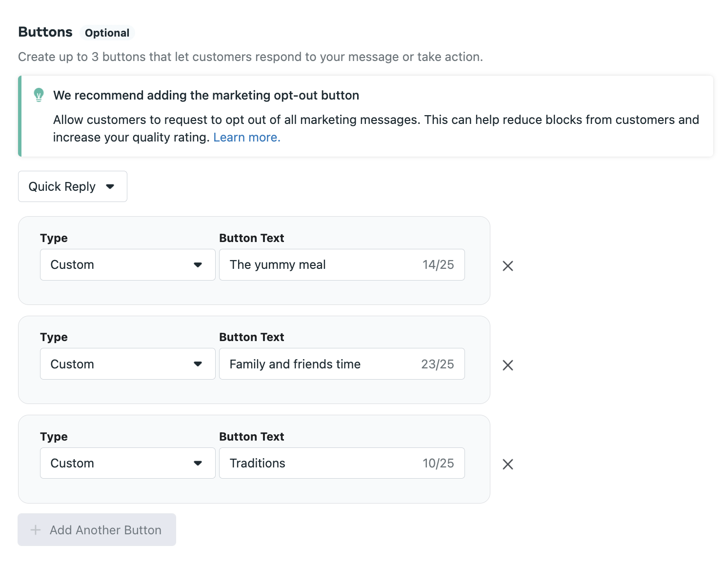 A interface do usuário do gerenciador de modelos de mensagens do WhatsApp mostra como criar um botão de CTA, fornecendo o tipo de botão (personalizado) e o texto do botão.