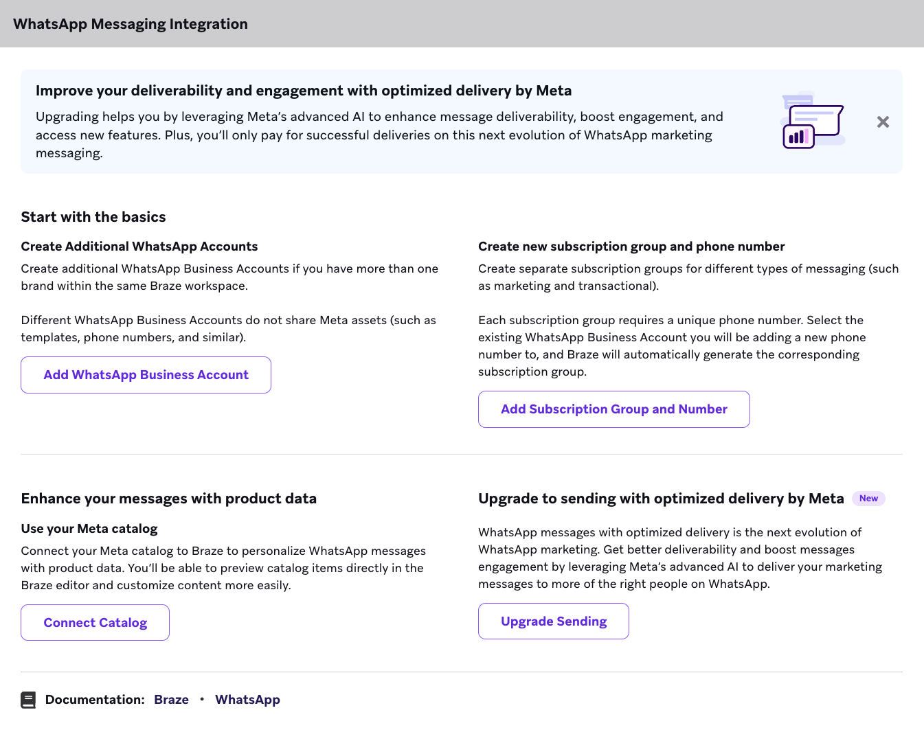 A seção Integração de mensagens do WhatsApp com uma opção para otimizar o envio com entrega otimizada.