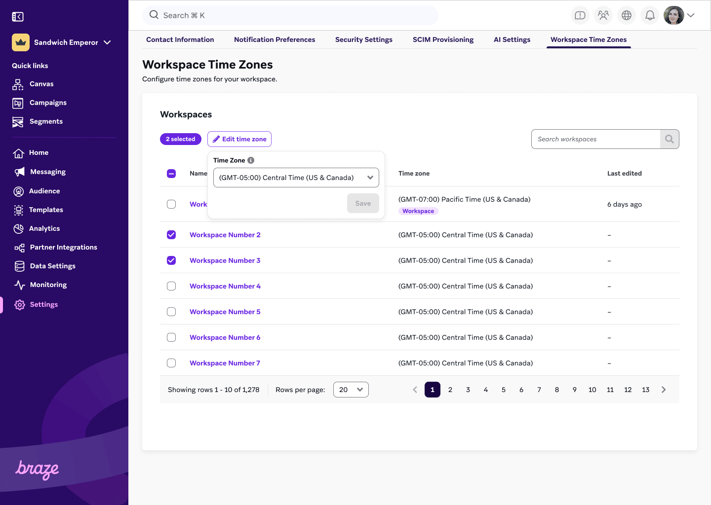 Página "Fusos horários do espaço de trabalho" com vários espaços de trabalho selecionados e um botão "Editar fuso horário".