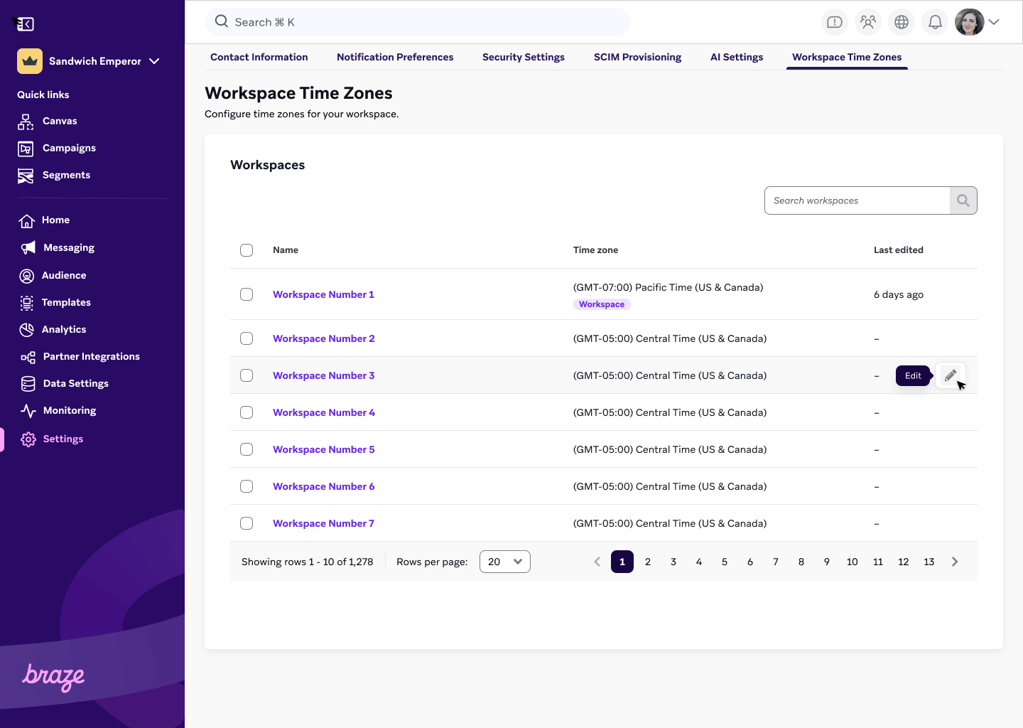 Botão "Editar" ao lado do nome de um espaço de trabalho.