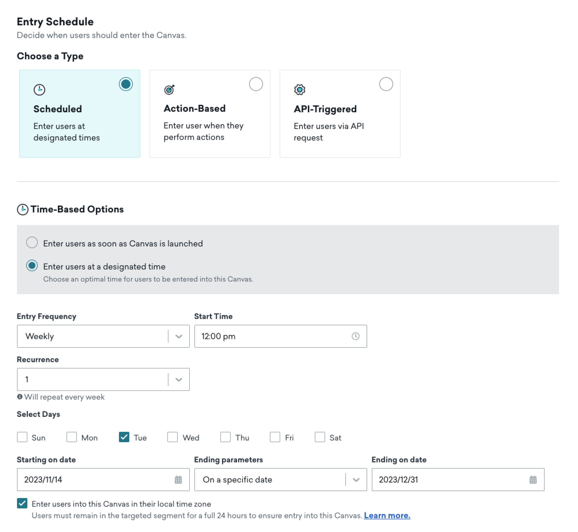 A página "Cronograma de entrada" com o tipo definido como "Agendado". Devido à seleção, são exibidas opções baseadas em tempo, incluindo frequência, horário de início, recorrência, dias e mais.