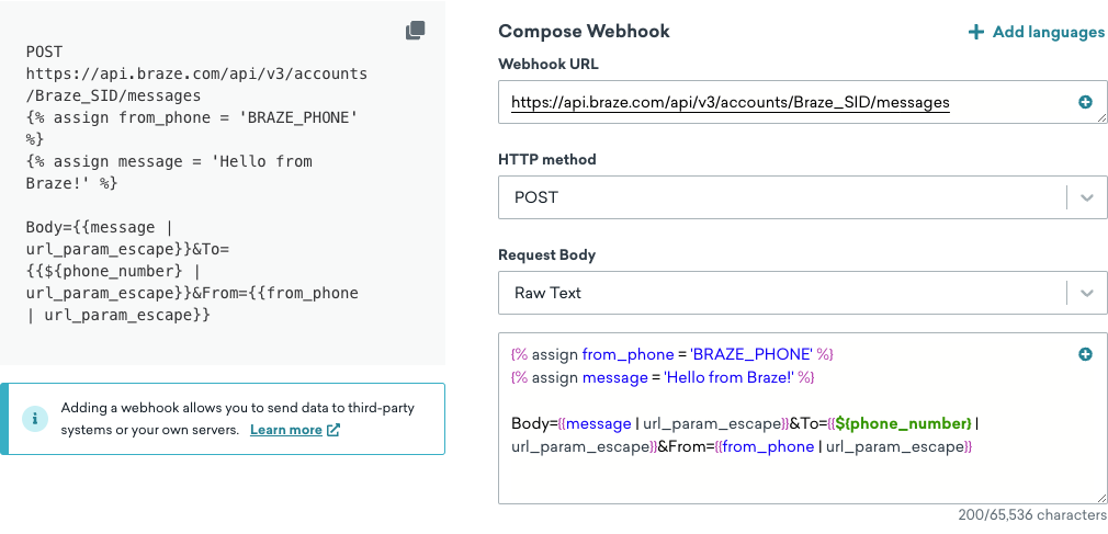 A guia "Compose" ao criar um modelo de webhook. Os campos disponíveis são URL do webhook, método HTTP, corpo da solicitação e cabeçalhos da solicitação. Você também pode adicionar idiomas.