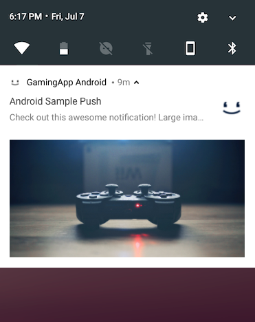 Notificações por push do Android com uma imagem grande sob o texto da mensagem.