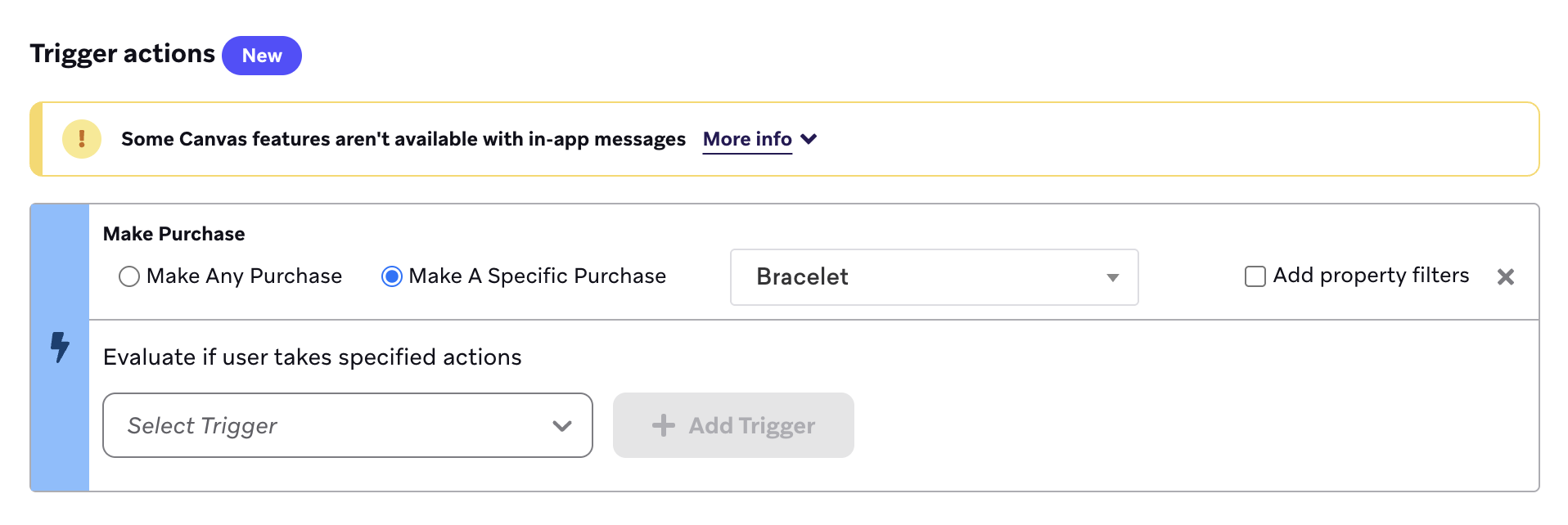 "Fazer uma compra específica" selecionada como ação-gatilho.