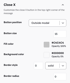 Opções para personalizar o botão X de fechar em mensagens no app, incluindo tamanho do botão, cor de preenchimento, cor de fundo, estilo da borda e raio da borda.