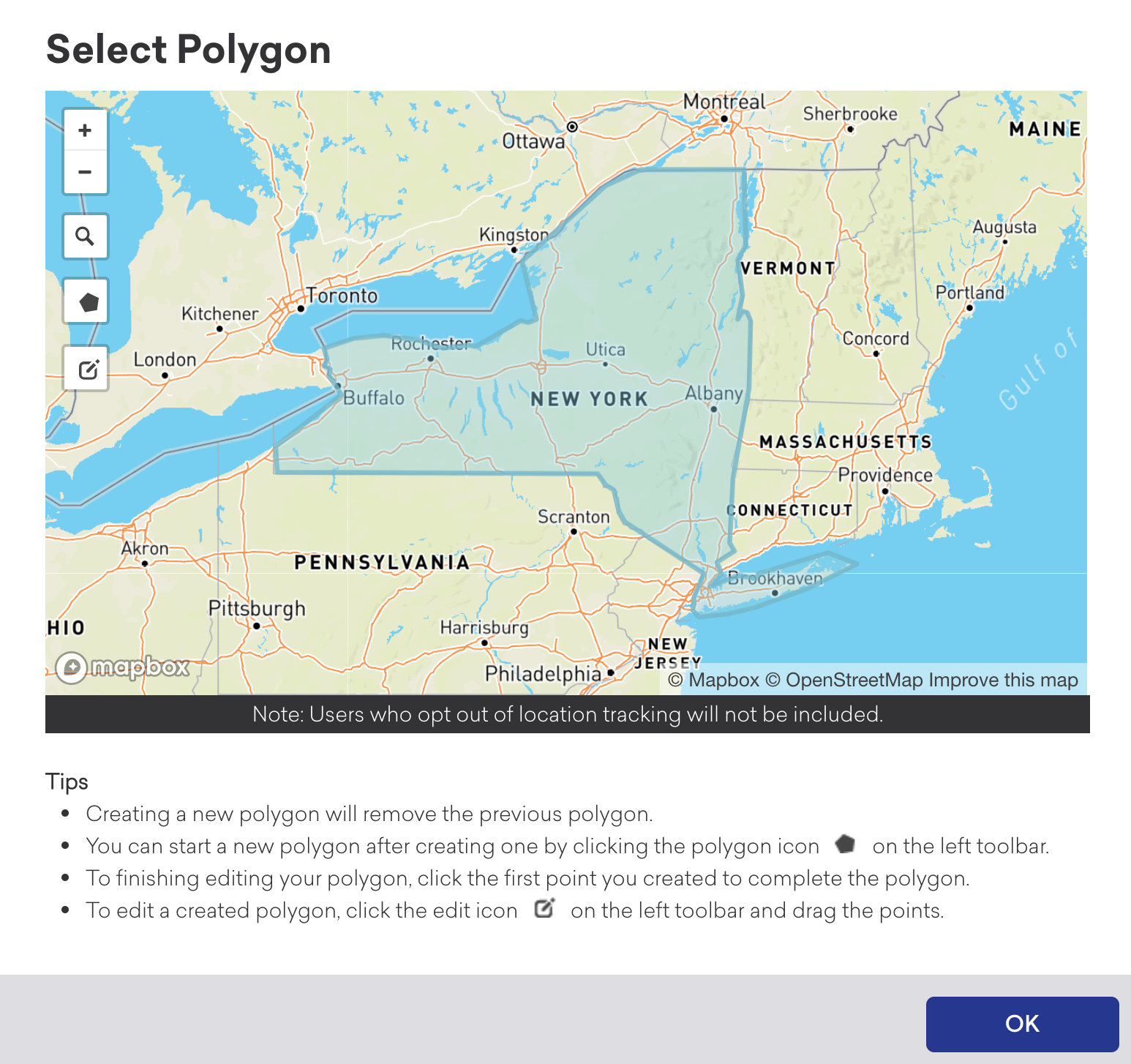 Um contorno do estado de Nova York como a região poligonal selecionada.