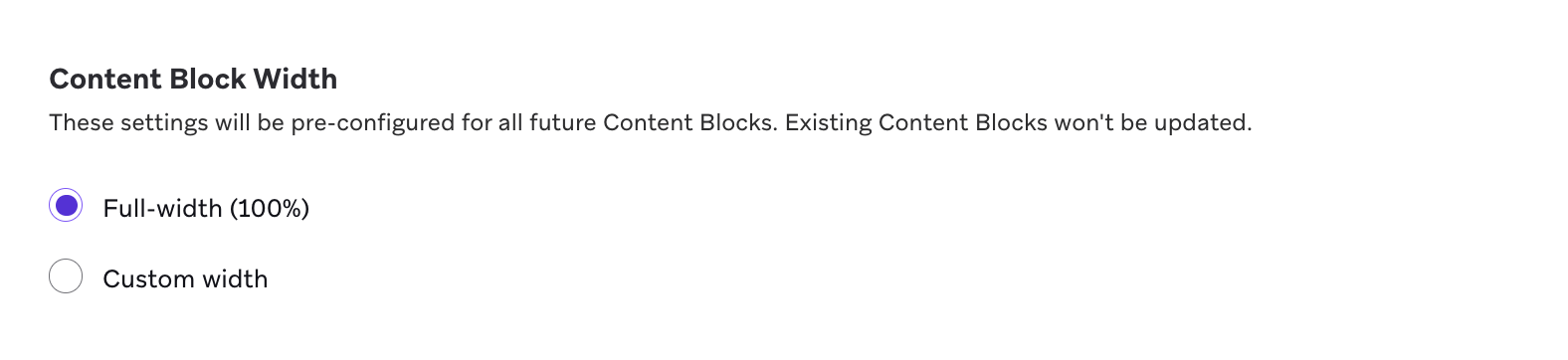 Largura do Content Block definida como 600px.
