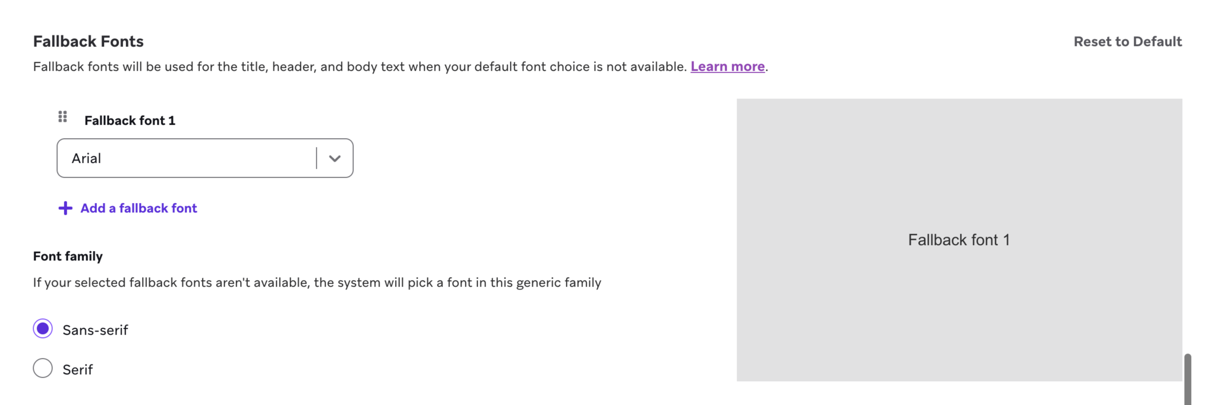 Um exemplo de "Arial" como fonte de fallback com "Sans-serif" como família de fontes.