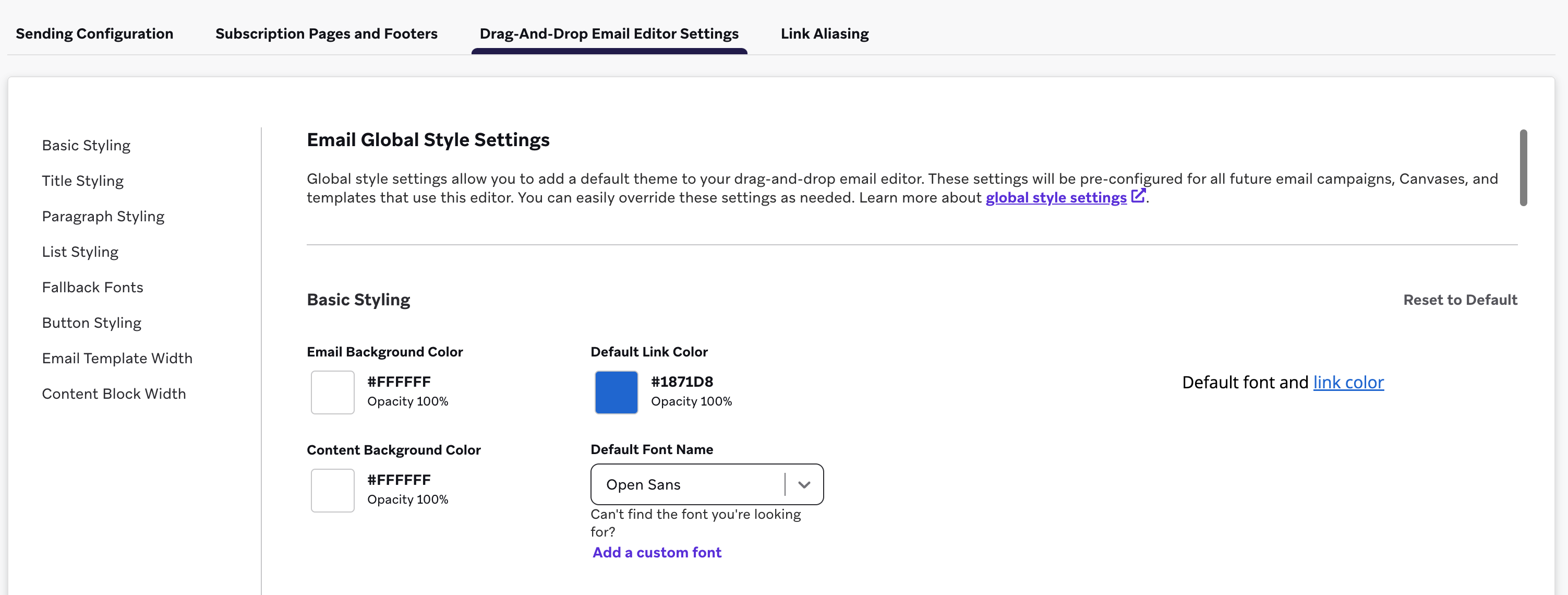 Seção de configurações globais de estilo de e-mail na guia de configurações do editor de arrastar e soltar.