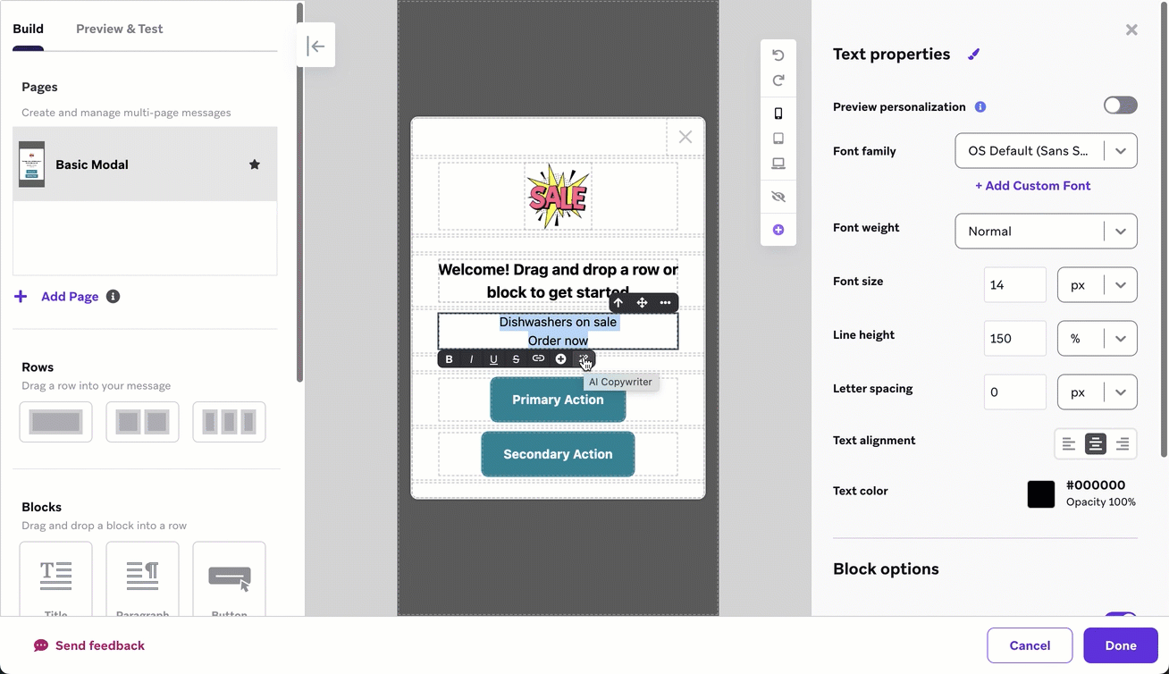 GIF do assistente de copywriting com IA.