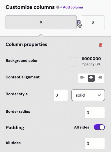 Ajustando colunas na seção "Column customization".