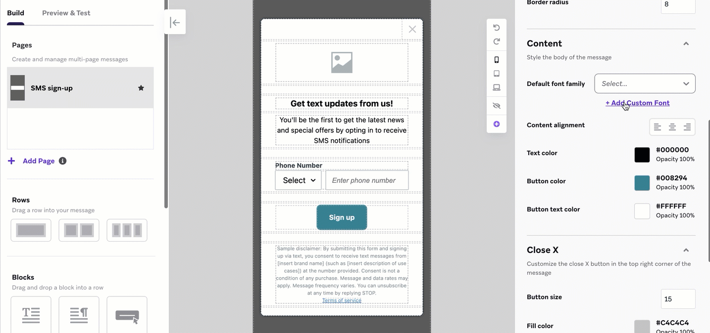 Fluxo de trabalho para fazer upload e selecionar uma fonte personalizada.