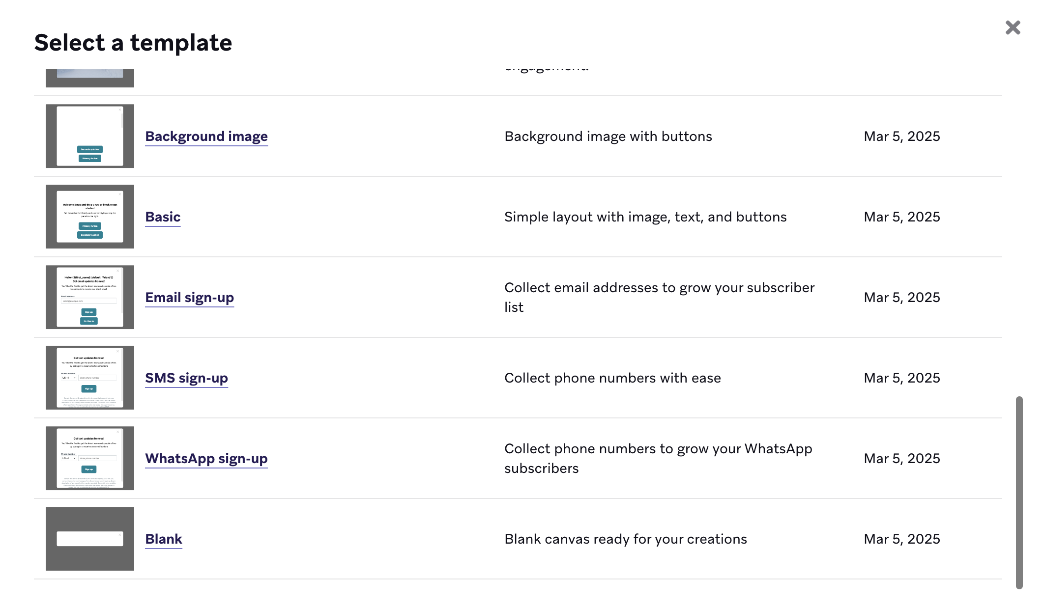 Modal para selecionar SMS sign-up ou WhatsApp sign-up como modelo ao criar uma mensagem no app.