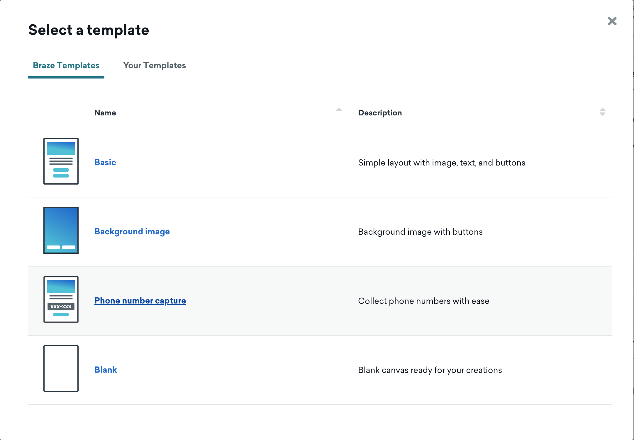 A seção Braze Templates, na qual é possível escolher um modelo básico, de imagem de fundo, de captura de número de telefone ou em branco.