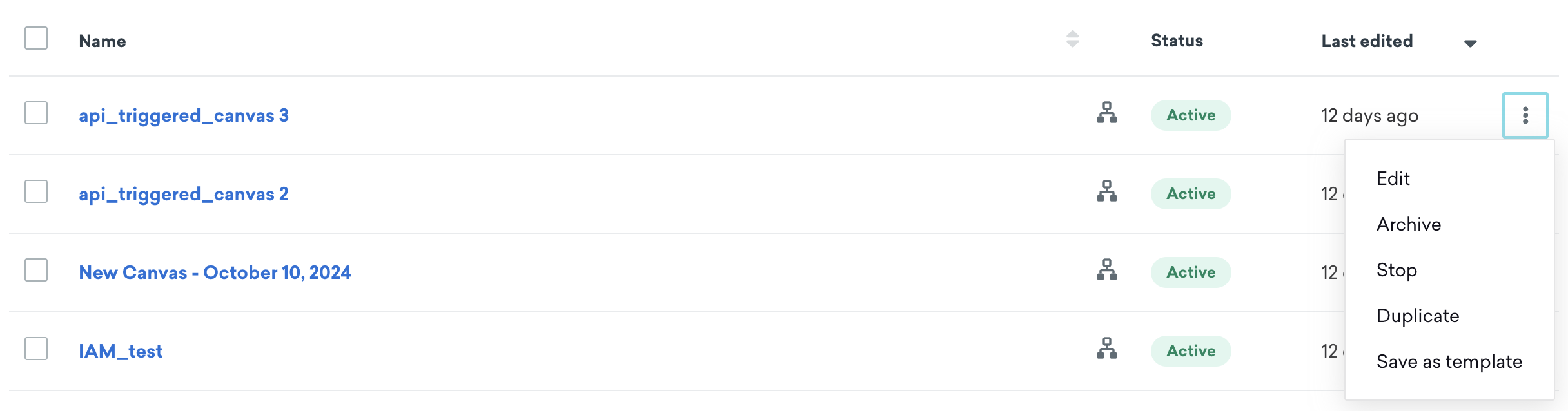 Página da lista de Canvases com a opção de duplicar um Canva chamado "api_triggered_canvas 3".