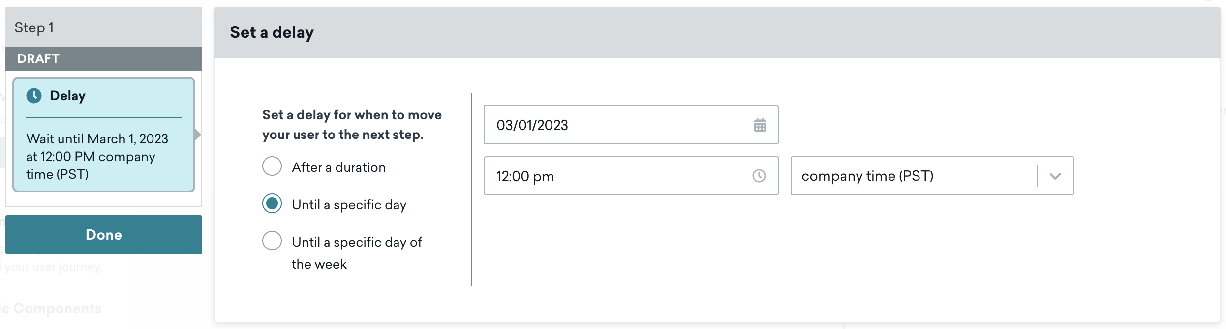 Um exemplo de etapa "Postergação" com a postergação definida como "Até um dia específico."
