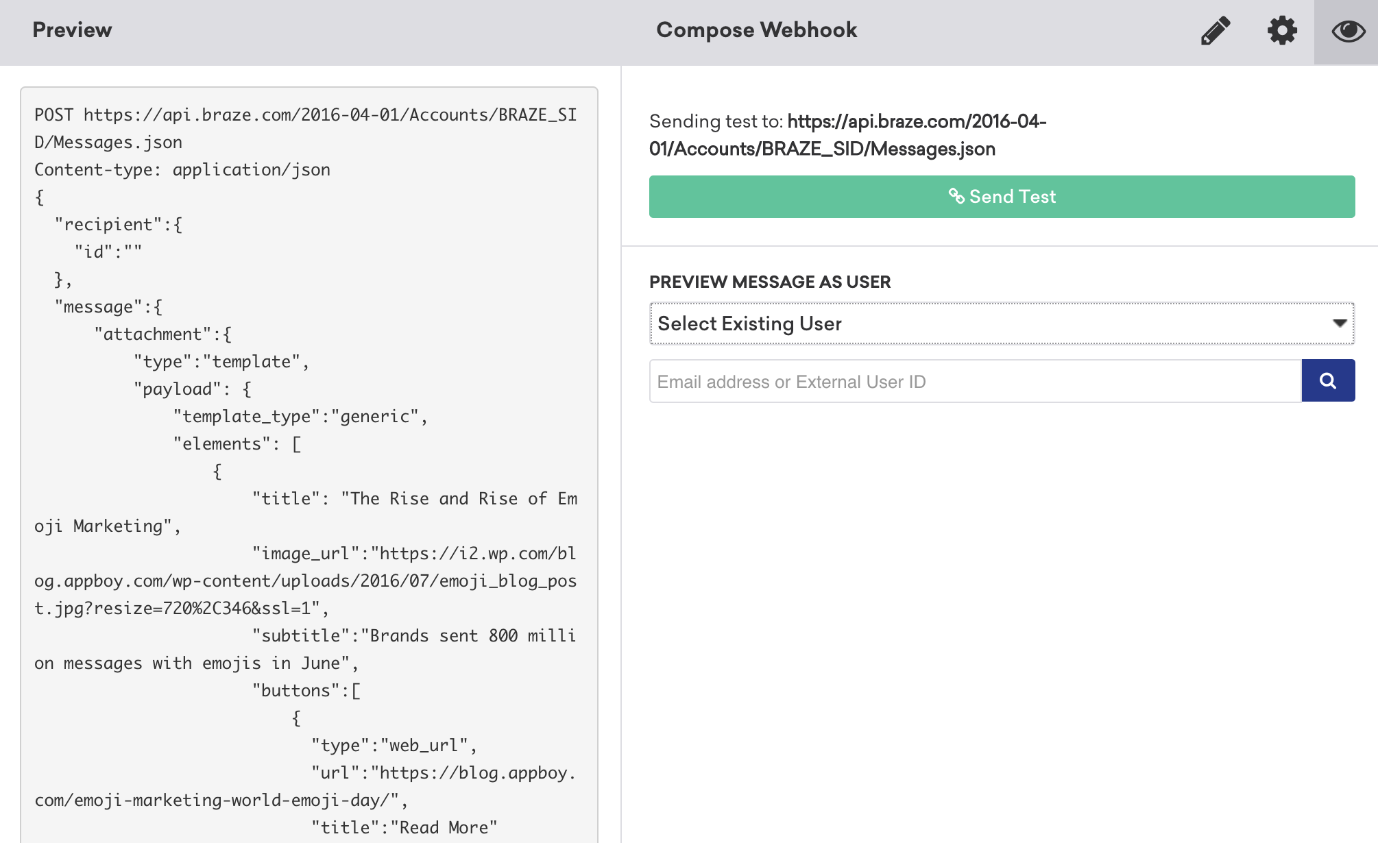 Guia Teste no modelo de webhook do Facebook Messenger, mostrando que é possível fazer uma prévia da mensagem enviando-a para um usuário existente.