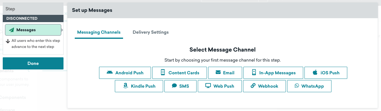 A etapa "Configurar mensagens", com "Canais de envio de mensagens" selecionado, exibindo a lista de canais de envio de mensagens disponíveis, como push para Android, cartões de conteúdo, e-mail e mais.