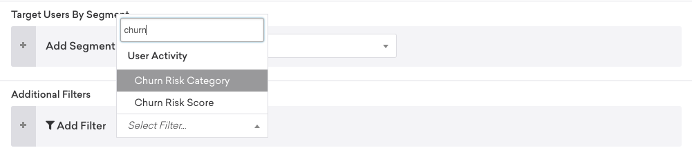 Os filtros de churn disponíveis ao definir um público incluem Categoria de probabilidade de compra e Pontuação de probabilidade de compra.