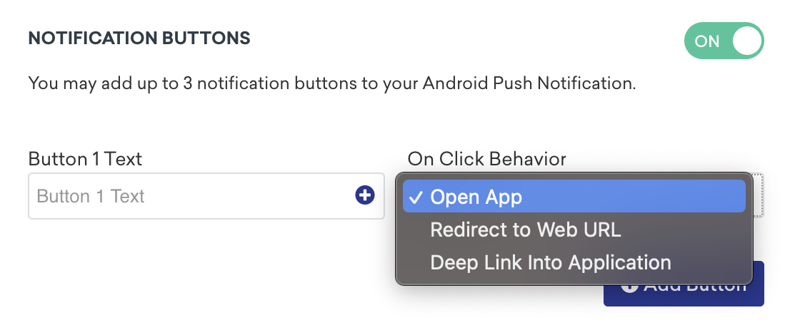Selecionando "Open App" como o comportamento ao clicar para um botão de notificação.