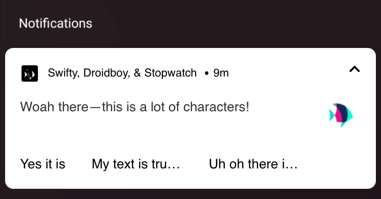 Botões de ação por push do Android com texto truncado.