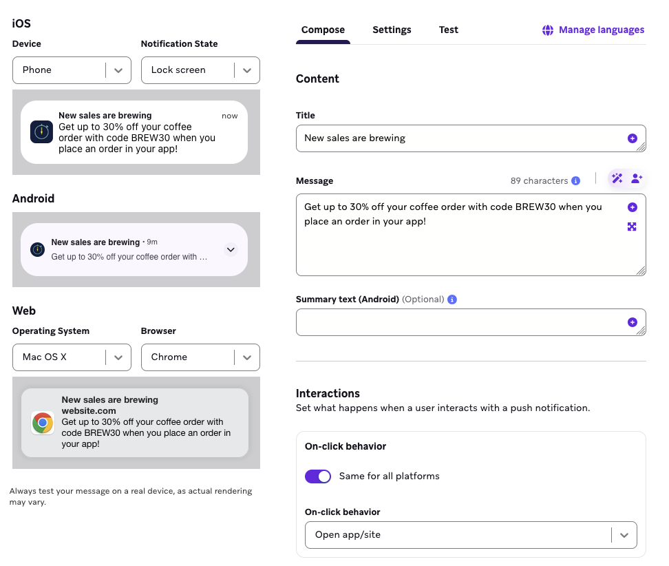 Guia Compose da criação de uma notificação por push.