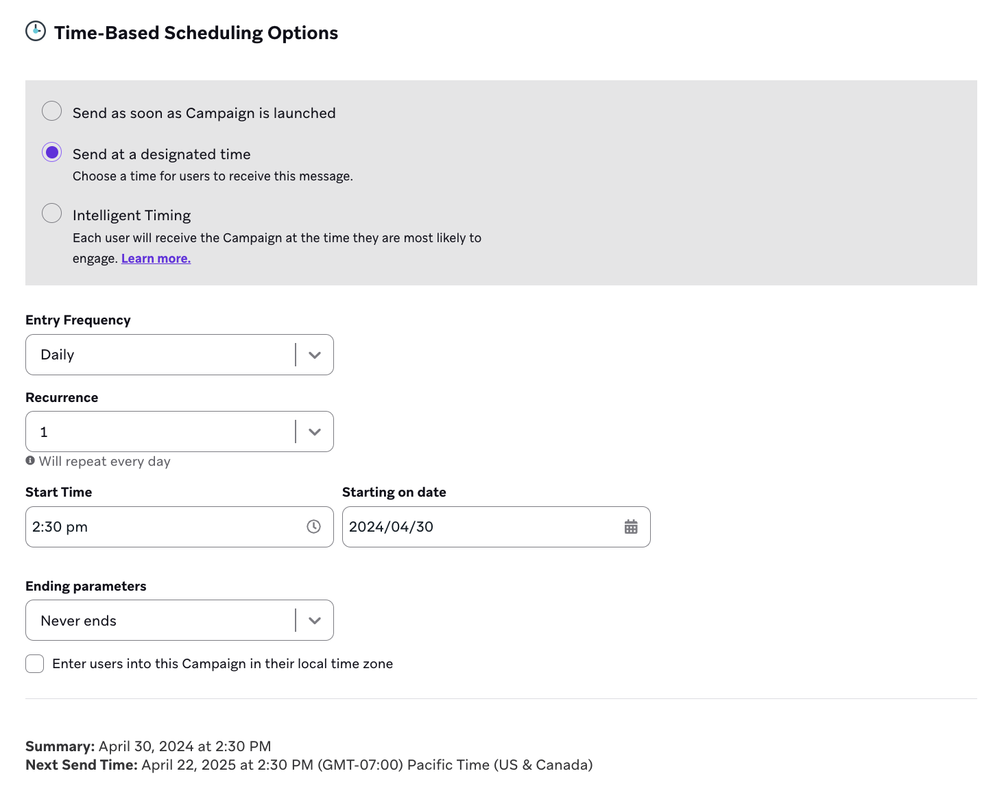 As opções de agendamento com base em horário para enviar uma campanha em um horário designado.