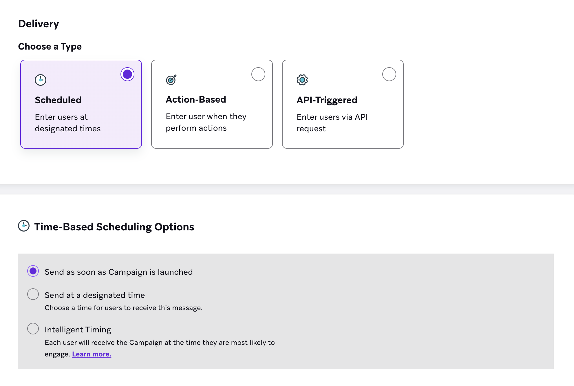 A seção "Entrega" com "Agendado" selecionado e a opção de agendamento com base em horário de enviar assim que a campanha for lançada.