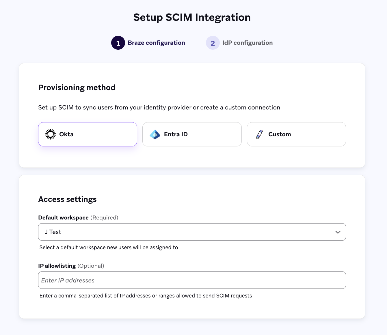 Uma página para configurar a integração SCIM com seções para selecionar um método de provisionamento e fornecer configurações de acesso.