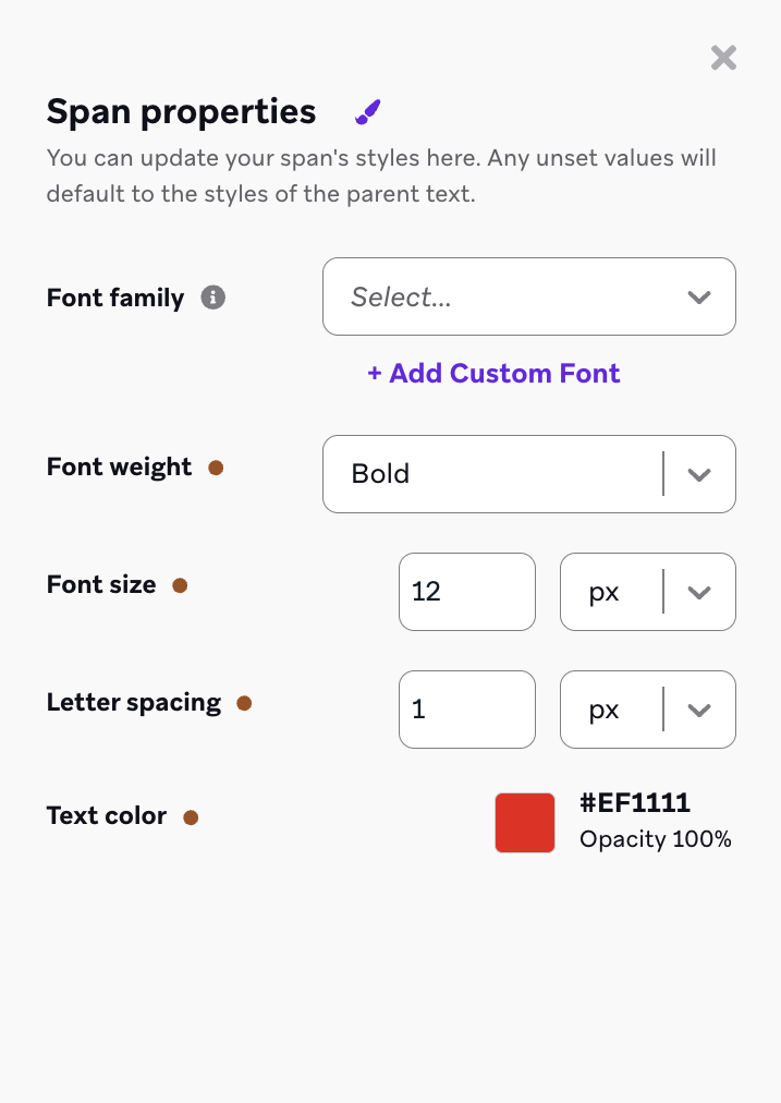Painel lateral de "Span Properties" que permite ao usuário personalizar família da fonte, peso da fonte, tamanho da fonte, espaçamento entre letras e cor do texto.