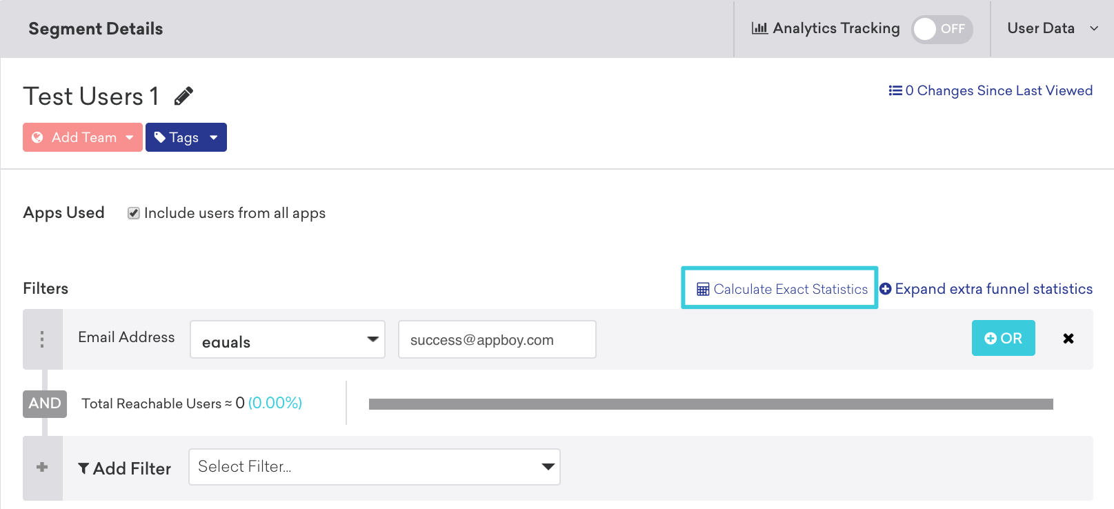 Painel Segment Details (Detalhes do segmento) que mostra a opção Calculate Exact Statistics (Calcular estatísticas exatas)