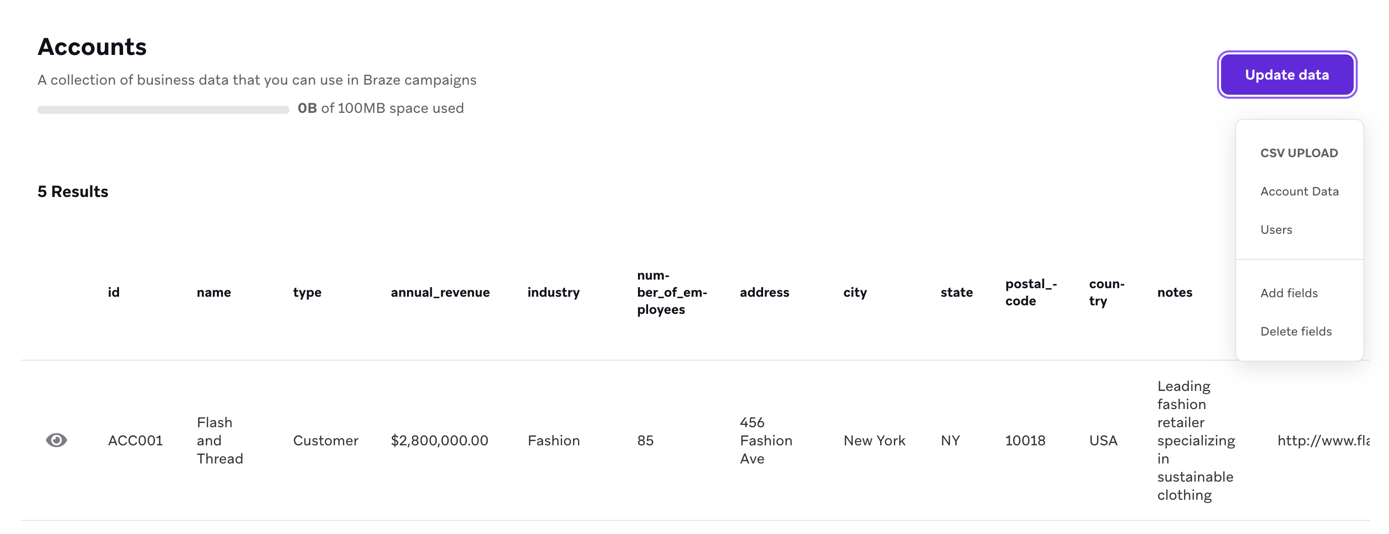 The "Upload data" dropdown on the "Accounts" page in Braze.