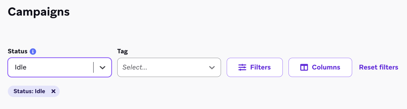 The "Idle" filter on the "Campaigns" page.